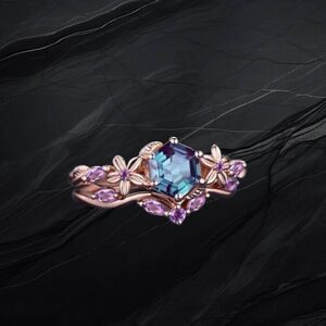 Blue Polygon Stone Ring Gold Band Flowers Lilac Size 8